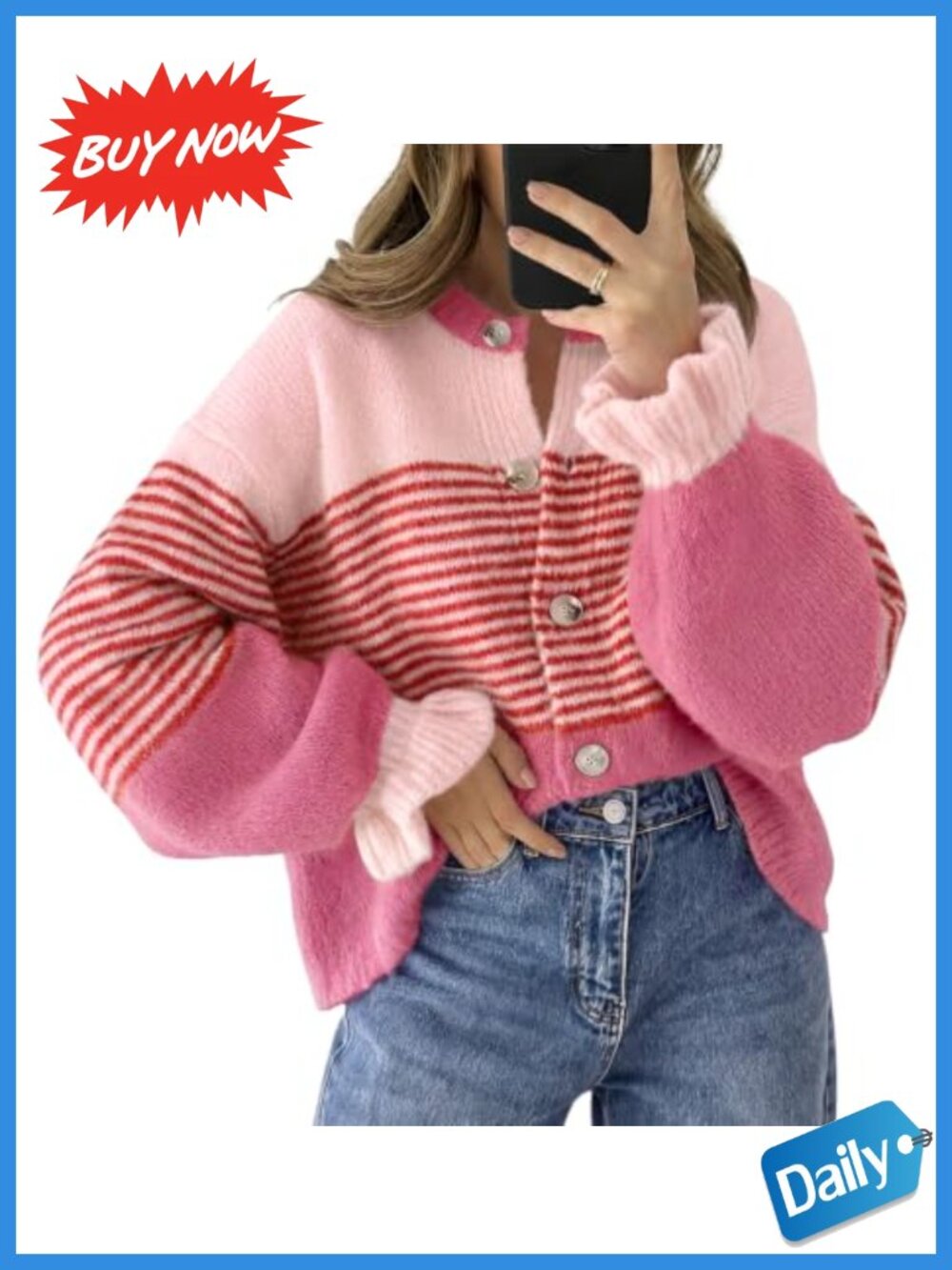 Striped Button Up Cardigan Sweater Ruffle Sleeve Loose Knit